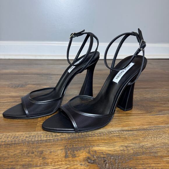 Steve Madden BEKI size 10 M black strappy heels pointed open toe mesh & leather - Picture 10 of 14